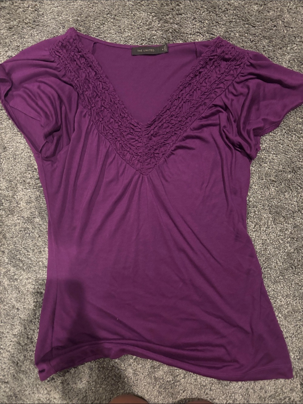 The Limited Deep Purple V-Neck Short Sleeve Top with Ruffled Trim